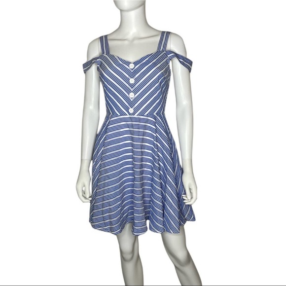 City Studio Women's Blue/White Striped Cold Shoulder Button Front Dress Junior’s - Picture 2 of 5